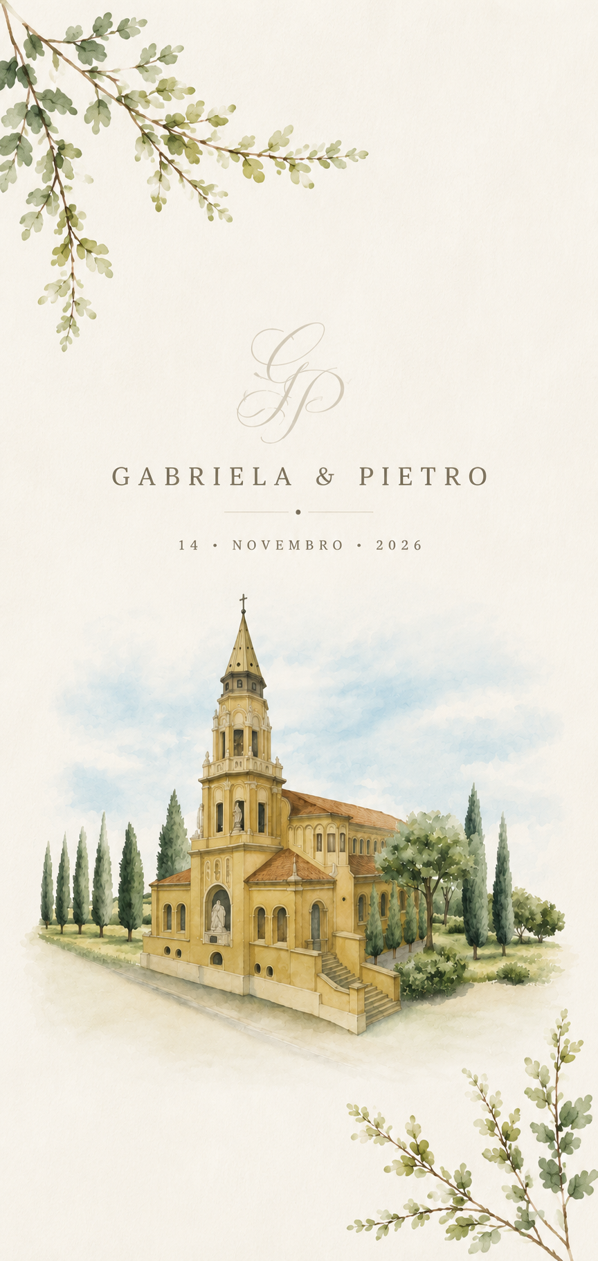 Ilustração da Igreja São José — Gabriela e Pietro, 14 de novembro de 2026
